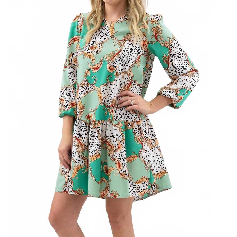 NEW SUNDAYUP shift three-quarter sleeves dress in animal print